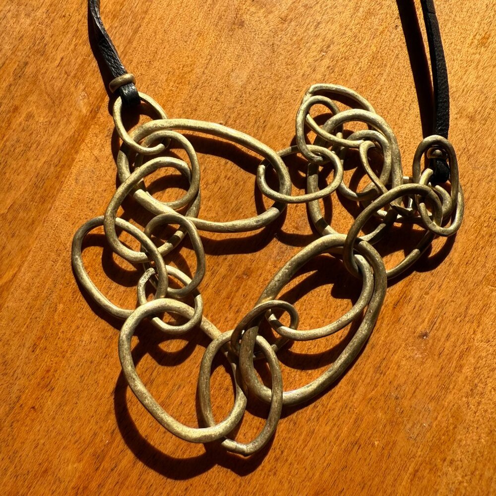 Kenneth Cole Leather + Brass-Toned Modern Hammered Interlocking Necklace